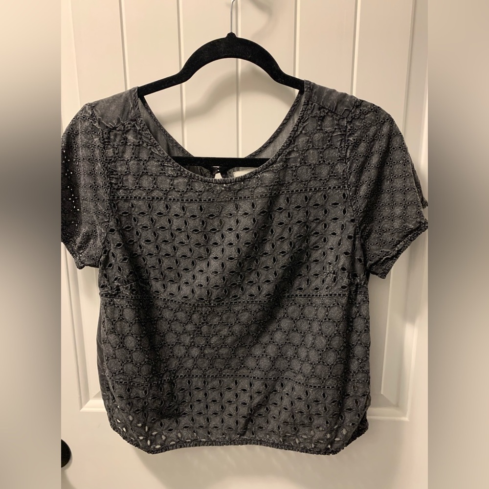 Charcoal Lace Eyelet Short-Sleeve Women's Top